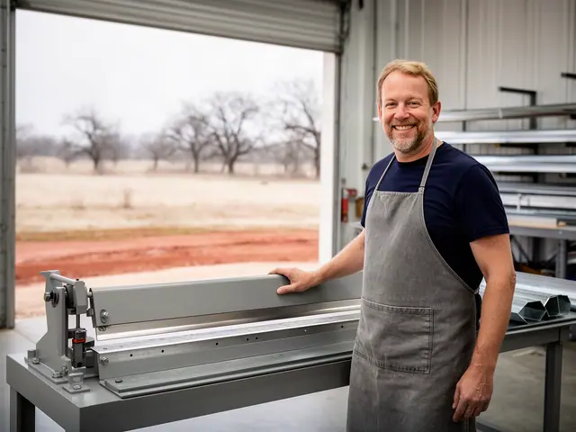 A smiling sheet-metal shop owner beside a new manual bending brake.