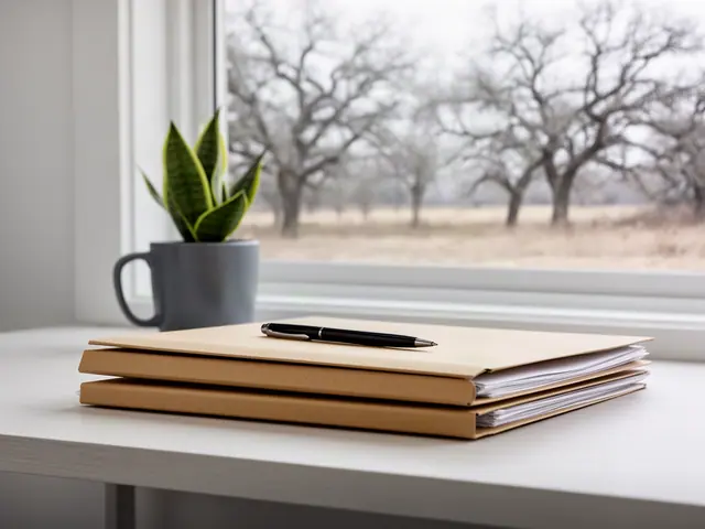 A neat stack of closed manila folders and a pen on a desk by a window.