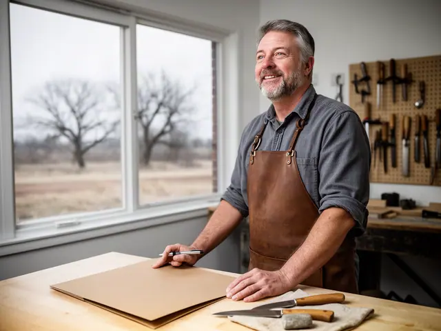 A knife maker in a leather apron at his workbench with two handmade knives and a whetstone.